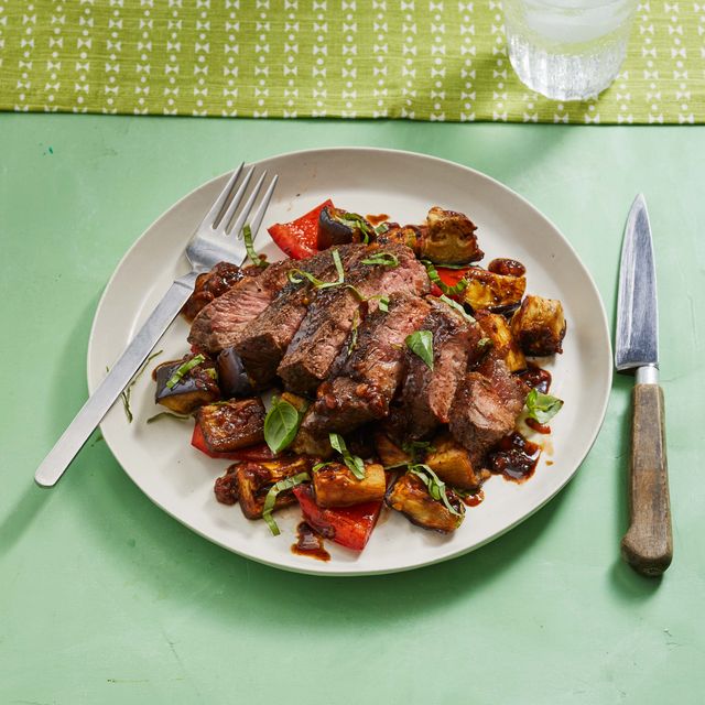 balsamic steak with eggplant and peppers