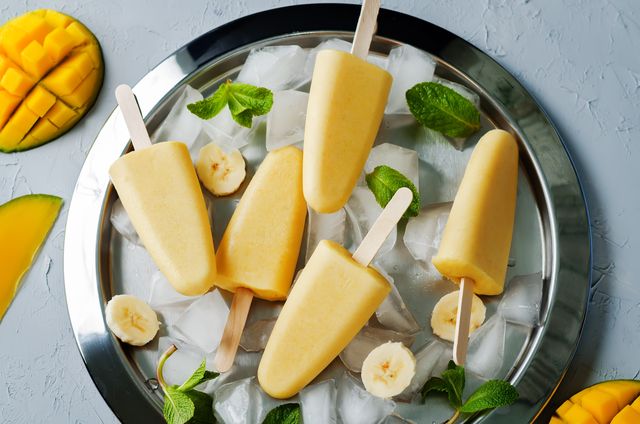 banana mango ice cream with fruits and ices