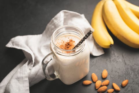 Banana Smoothie Or Protein Shake In Drinking Jar