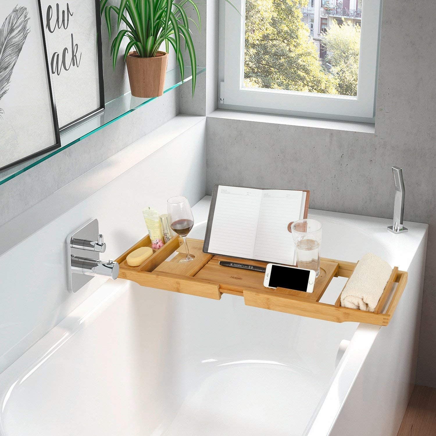 soporte para jabón bandeja para baño con diseño de Pagina bandeja para bañera Simhoo Bandeja para bañera de bambú extensible con 2 cajas para toallas bandeja para bañera 