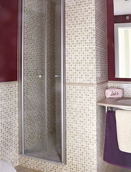 Room, Purple, Tile, Bathroom, Curtain, Interior design, Door, Material property, Window, Bathroom accessory, 