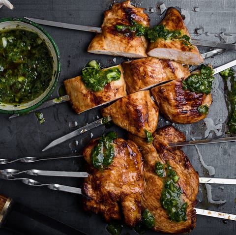 Barbequed chicken breast skewers with chimichurri sauce