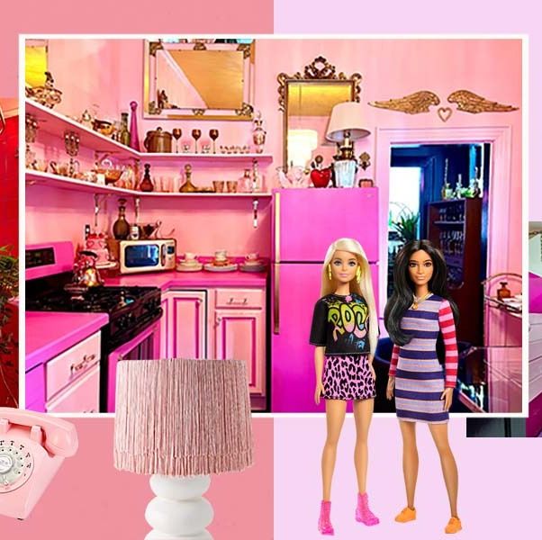 hot pink bathroom, laundry room, and kitchen with hot pink accessories and barbies