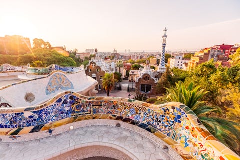 Barcelona skyline at sunrise, Catalonia, Spain