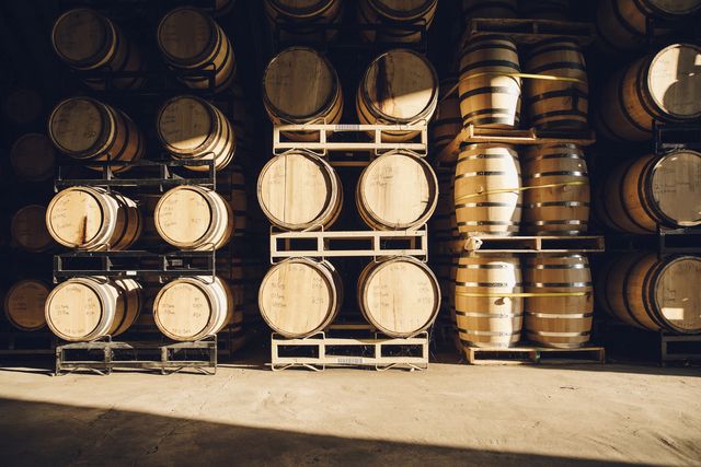 barrels in distillery
