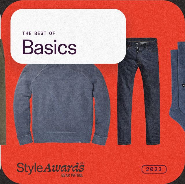 tshirt, pants, socks, and a sweatshirt on a graphic background with a title card that says the best of basics