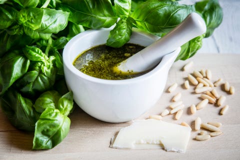 mortar of homemade pesto genovese