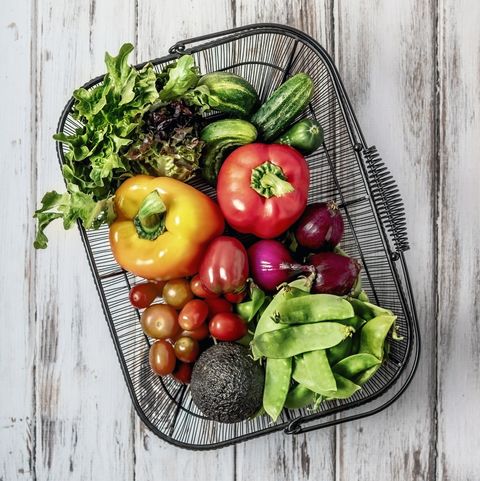 a basket of fresh fruits and vegetables on white background