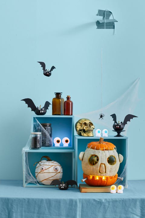 halloween decor, pumpkins, jack o' lanterns, holiday mummy, frankenstein pumpkins, fang tastic bat pumpkin, watchful eyes