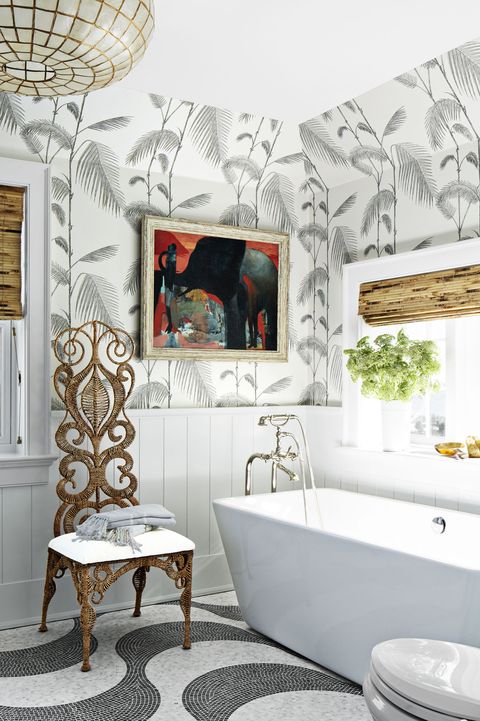 Room, Tile, Bathroom, Interior design, Property, Wall, Floor, Black-and-white, Ceiling, Wallpaper, 
