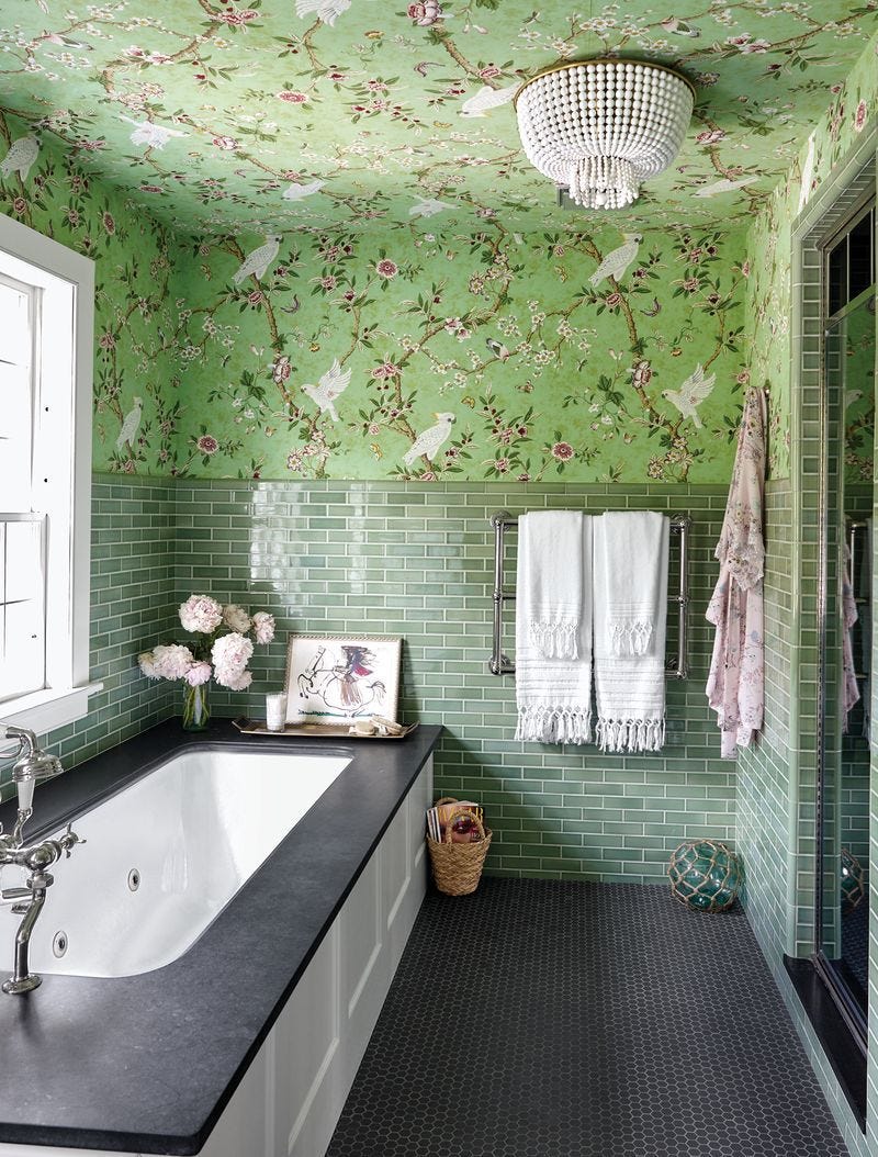 Spring Green bathroom with Subway Tiles and Floral Wallpaper