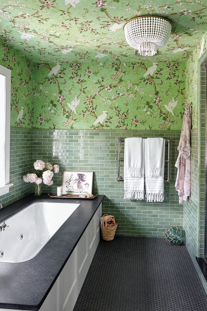 Spring Green bathroom with Subway Tiles and Floral Wallpaper