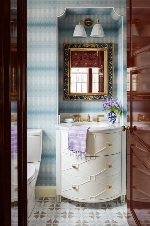 bathroom with blue and white theme