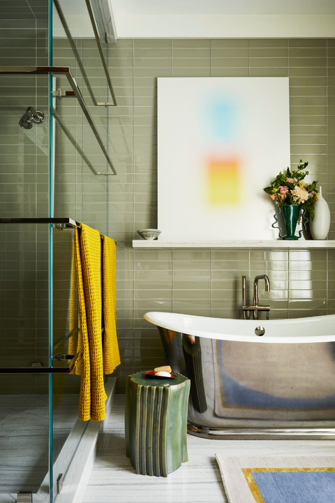 shower and tub with one wall shelf