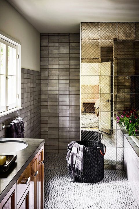 monochromatic mirrored bathroom