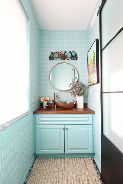 bathroom paint colors, mint blue with a round vanity mirror