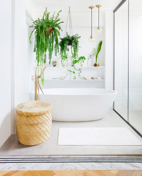 bathroom renovation, white bathroom with plants, victoria  albert baths