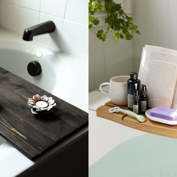 adjustable teak bathtub shelf