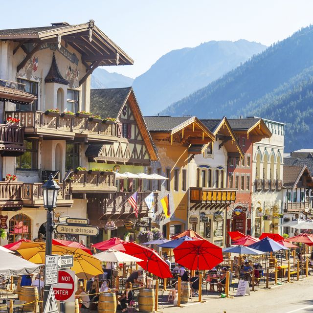 bavarian style architectural buildings in the village of leavenworth showing the main street