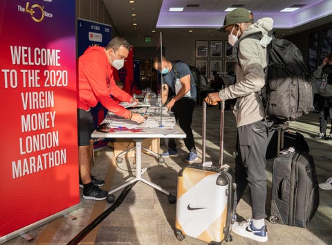 eliud kipchoge ken registers at the official hotel location not disclosed and enters the biosecure bubble for the historic elite only 2020 virgin money london marathon on sunday 4 october the 40th race will take place on a closed loop circuit around st james’s park in central london monday 28th september 2020 photo bob martin for london marathon events

for further information medialondonmarathoneventscouk