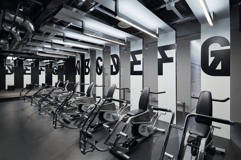 Gym, Room, Physical fitness, Sport venue, Crossfit, Building, Weight training, Black-and-white, Exercise, Exercise machine, 