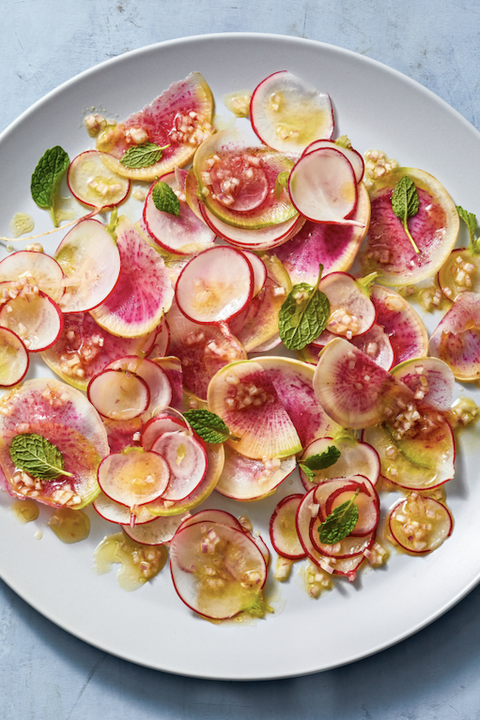 colorful thin slices of radishes on a plate