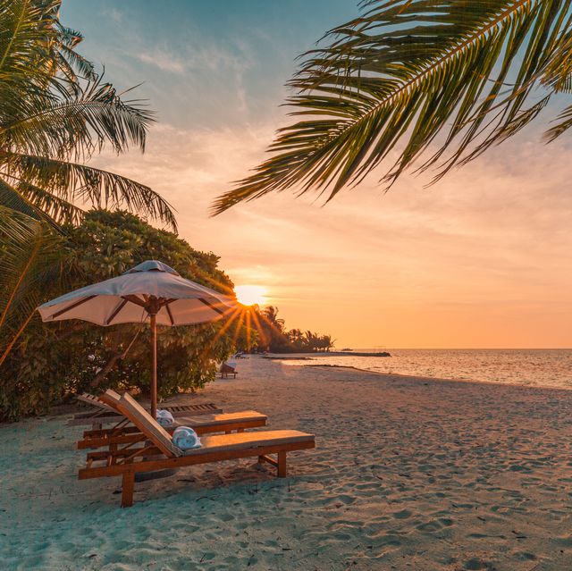 beautiful tropical sunset scenery, two sun beds, loungers, umbrella under palm tree white sand, sea view with horizon, colorful twilight sky, calmness and relaxation inspirational beach resort hotel