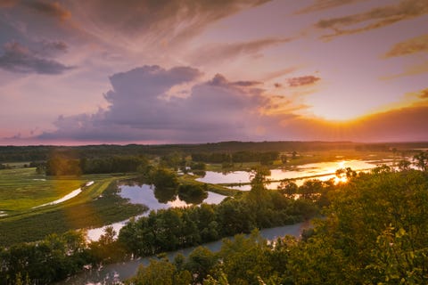 Beautiful view of Missouri river floodplain converted into wildlife sanctuary at sunset