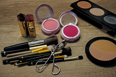 beauty cosmetic makeup product layout fashion woman make up brush, powder creative fashionable concept cosmetics make up accessories