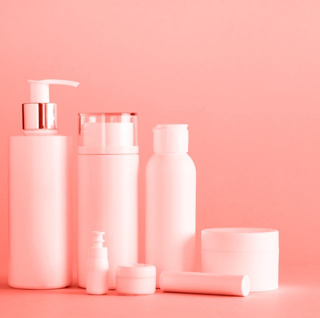 beauty products on pink background