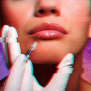 closeup of woman's face in a glitchy outer space as doctor points syringe at the lips as if to inject filler