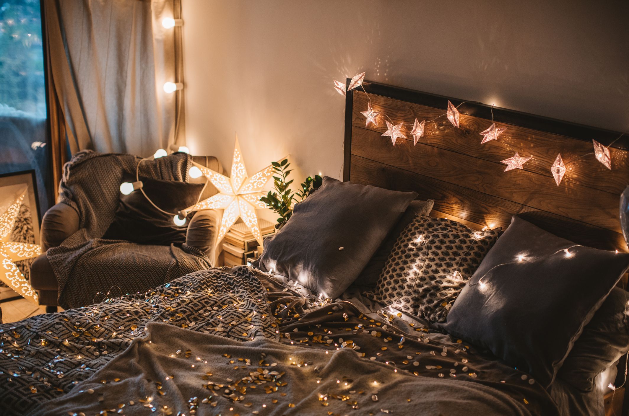 fairy lights above bed