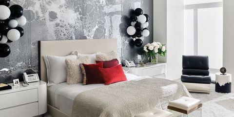 Bedroom, Furniture, Room, Bed, Interior design, Red, Wall, Property, Bed sheet, Black-and-white, 