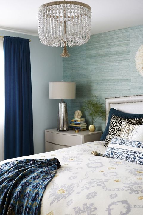 Bedroom, Furniture, Room, Interior design, Bed, Lampshade, Blue, Bedding, Curtain, Lighting, 