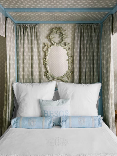 Bedroom, Bed, Furniture, Room, Interior design, Turquoise, Aqua, Curtain, Bedding, Bed frame, 