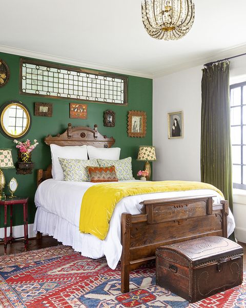 bedroom wall decor ideas dark green accent wall with mirrors