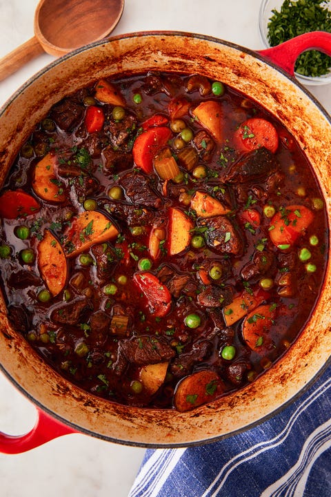 beef stew in a red dutch oven