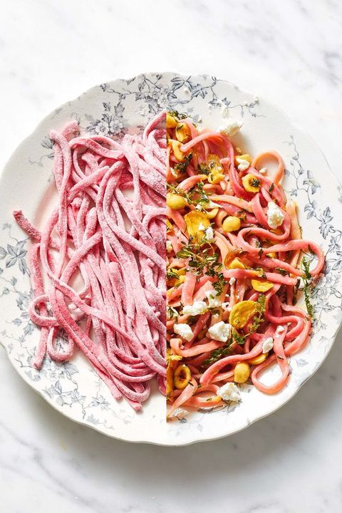 beet fettuccine with hazelnuts and goat cheese
