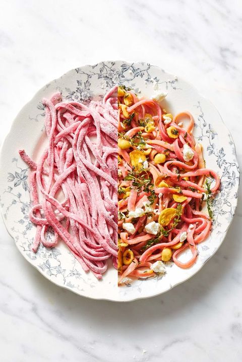 beet fettuccine with hazelnuts and goat cheese