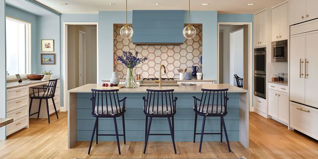 Blue Cabinets And Decor In Kitchen Design, Dining Room To Kitchen Door