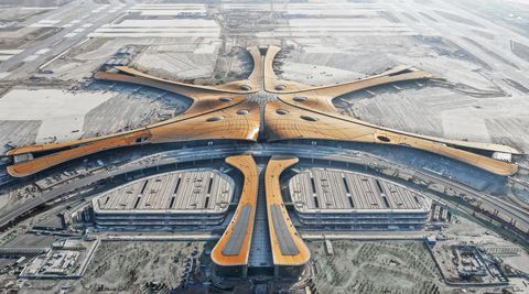 beijing daxing new international airport at dusk