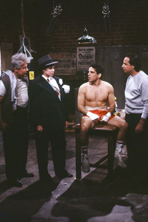 saturday night live    episode 15    pictured l r phil hartman as walnuts, mary tyler moore as big mary, ben stiller as gloverboy selvaggi, jon lovitz as ace during the requiem for death skit on march 25, 1989  photo by raymond bonarnbcu photo banknbcuniversal via getty images via getty images