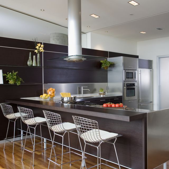 bertoia stools at counter in contemporary kitchen