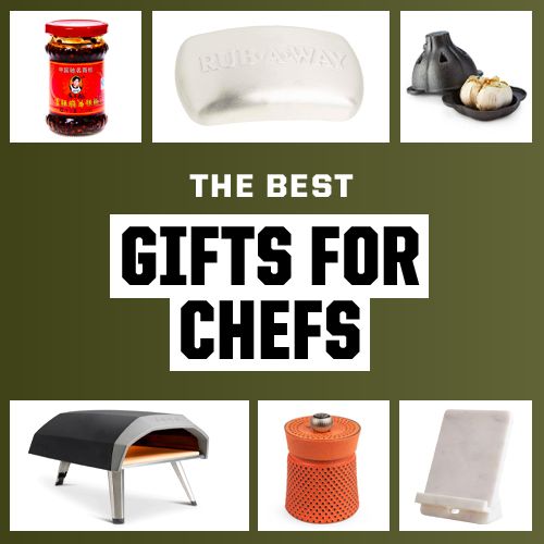 best gifts for chefs including meat thermometers, chili crisps, journals, garlic roasters, whetstones, knives, pepper grinders, and more