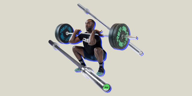collage of three barbells