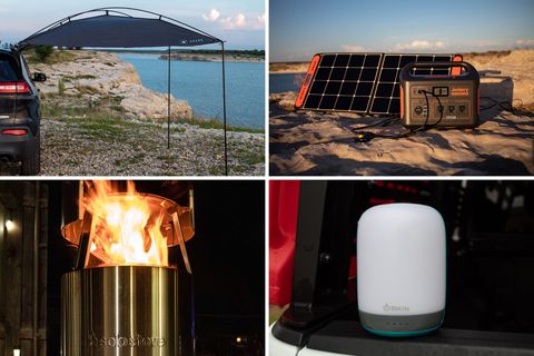 collage of a camping awning attached to an suv, an external battery and solar panels on sand, a solo stove with fire, and a camping lamp sitting on a truck bed