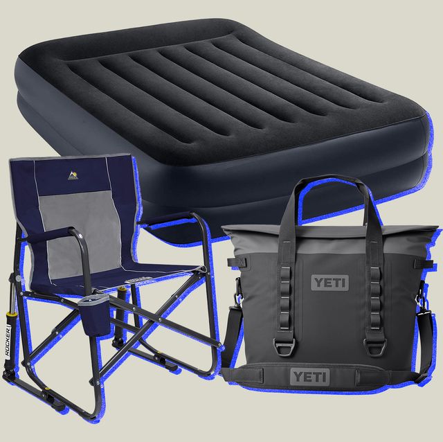 collage of an outdoor folding chair, air mattress, and soft cooler