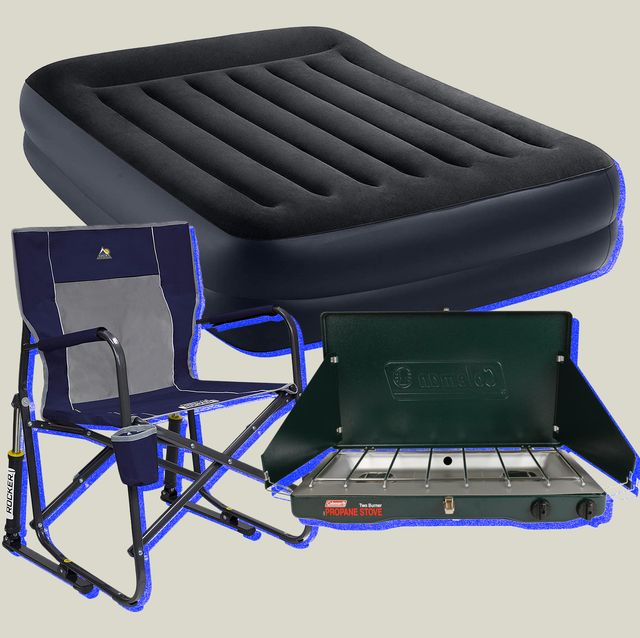 collage of a camping chair, an air mattress, and a coleman stove