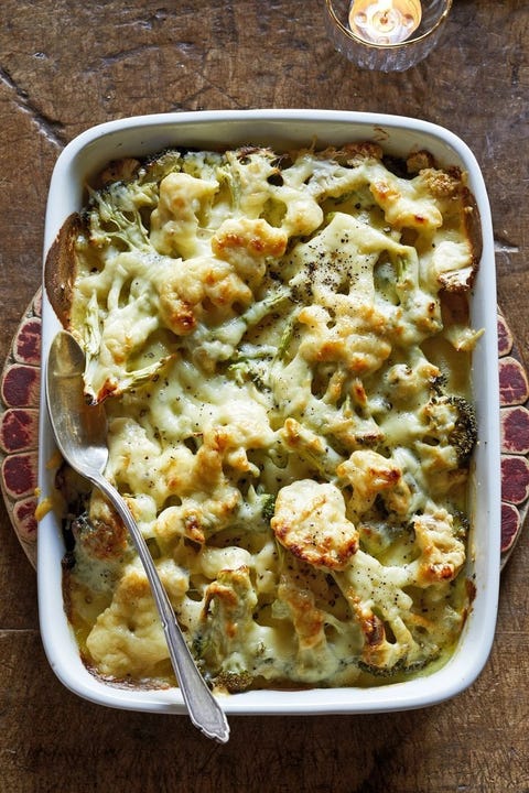 broccoli cauliflower gratin in a white casserole dish