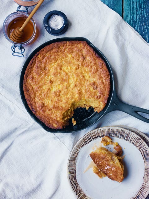 cornbake casserole in a cast iron pan shot overhead